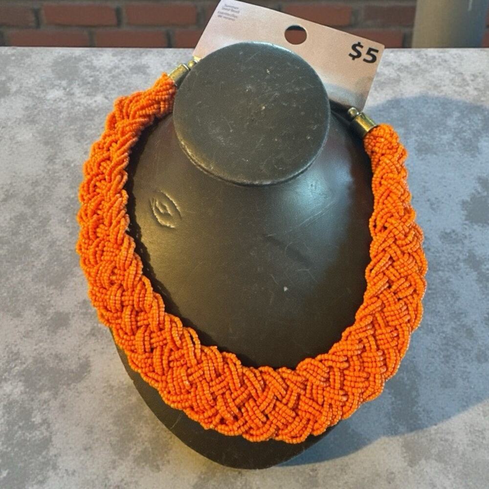 Orange Seed Beaded Braided Choker Collar Statement Necklace